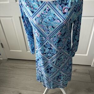 Lilly Pulitzer Blue/Pink Tile-Print Midi Dress w/gold buttons M only worn once